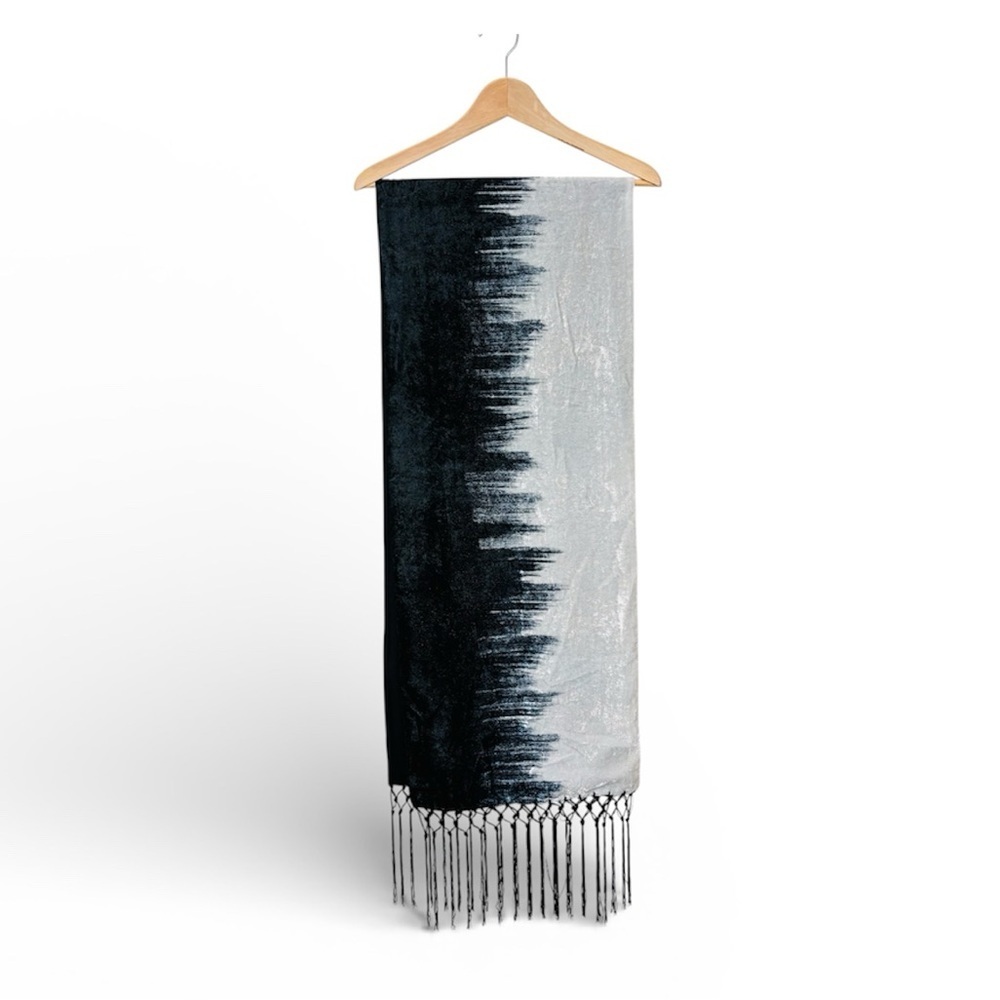 Anthropologie Floreat Ombre Velvet Scarf Black White Fringe Trim Wrap Shawl Boho